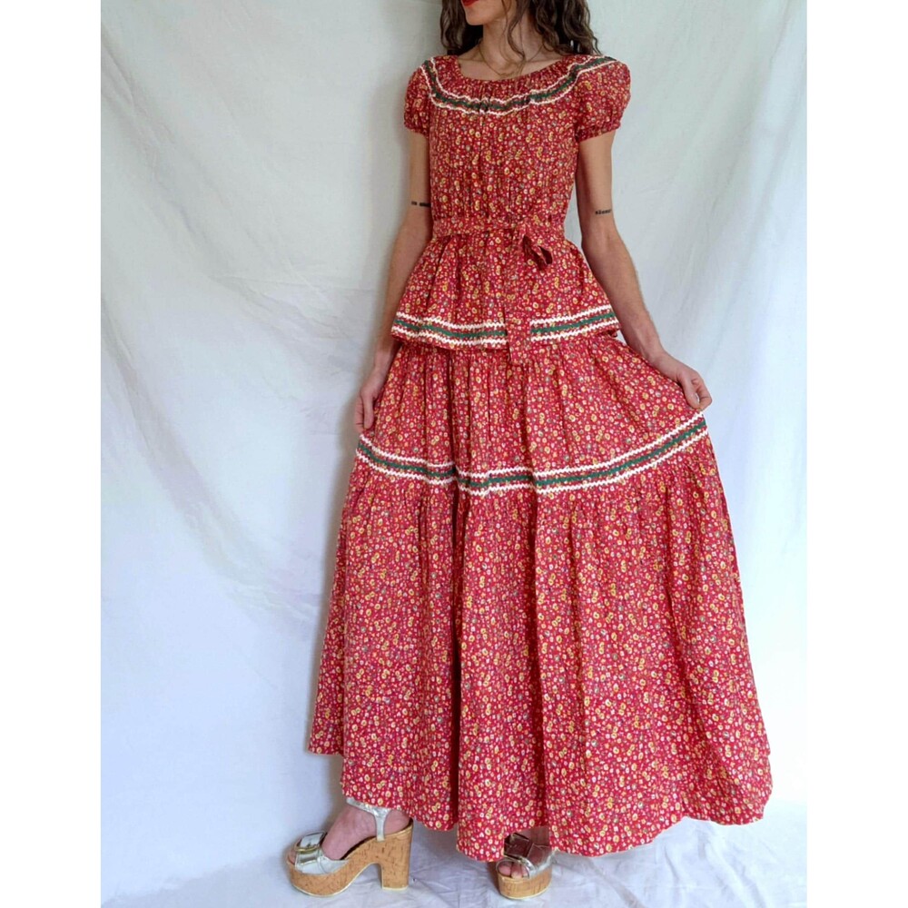 1940s Vintage Floral Cotton Maxi Dress: Printed Puff Sleeve Peasant Gown, XS/S
